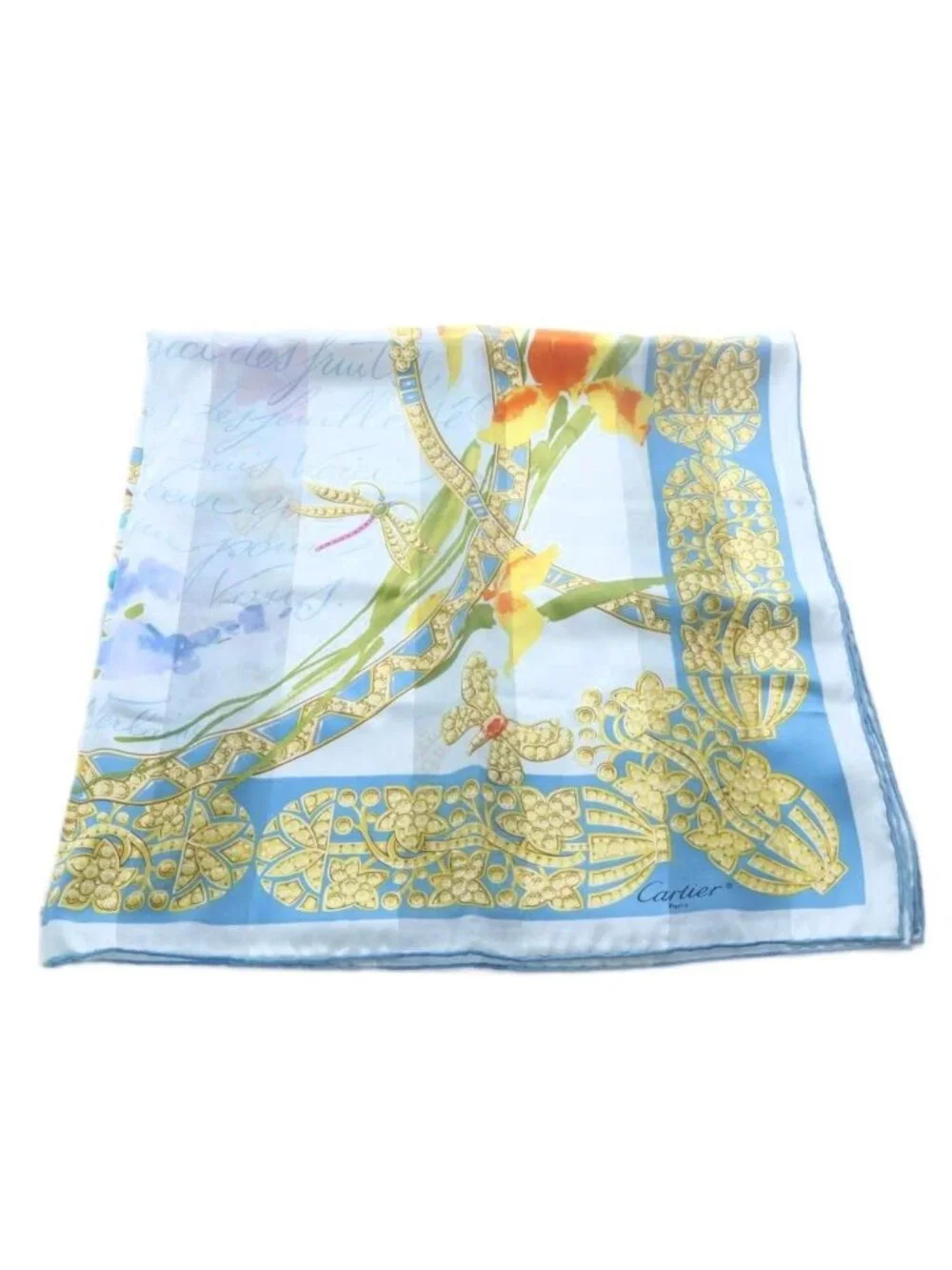 Cartier Scarf Dragonfly Butterfly Logo Silk Blue